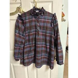 70s 80s Shirt Sz L Plaid Gold Purple Cowgirl Ruffle Collar Union Label Prairie